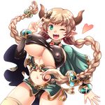  ;d black_panties blush braid breasts cameltoe carmelina_(granblue_fantasy) covered_nipples draph dress fang granblue_fantasy green_dress green_eyes hair_ornament heart highres horns large_breasts light_brown_hair light_brown_legwear long_hair looking_at_viewer midriff navel navel_cutout one_eye_closed open_mouth panties pantyshot pantyshot_(standing) pointy_ears scissors scissors_hair_ornament short_dress smile solo standing teaf thighhighs transparent_background twin_braids underboob underwear v 