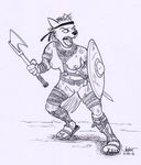  2016 anthro axe breasts clothing female footwear greyscale harness headband holding_object holding_weapon hyena mammal melee_weapon monochrome mostly_nude navel nipples open_mouth pussy rabbi-tom sandals shield simple_background solo spotted_hyena standing sword weapon white_background 
