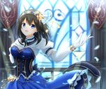  :d banner black_hair blue_eyes bright_memories denpa_(denpae29) dress feathers gloves hairband idolmaster idolmaster_cinderella_girls idolmaster_cinderella_girls_starlight_stage long_hair music open_mouth sagisawa_fumika singing smile solo stained_glass window 