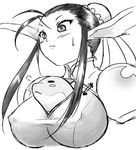  animal_ears between_breasts black_eyes breasts breath_of_fire breath_of_fire_iv bun_cover dr.p dragon eyeshadow greyscale large_breasts lowres makeup monochrome short_hair solo ursula_(breath_of_fire) 