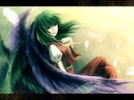  ascot faux_traditional_media green_eyes green_hair green_wings grid hand_on_own_chest highres kazami_yuuka kazami_yuuka_(pc-98) kieta purple_wings seihou skirt skirt_set smile solo touhou vest wings 