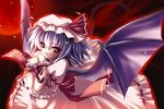  bat_wings blue_hair fang glowing glowing_eyes hat red_eyes remilia_scarlet solo touhou usume_shirou wings 