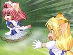  animal_ears apron bell blonde_hair cat_ears chibi dress game_cg gloves green_eyes hcg long_hair maid maid_apron multiple_girls nekomimi pink_hair pony_tail ponytail sd short_hair tears uniform 