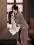  1girl armchair bangs black_footwear black_hair black_legwear blood_alone boots chair closed_eyes dress foot_dangle forehead_kiss formal frills from_side gothic grey_jacket grey_pants half_updo hands_on_lap height_difference hetero high_heel_boots high_heels indoors jacket kiss kuroe_kurose long_hair long_sleeves looking_at_another misaki_minato on_shelf pants pantyhose petite pocket sepia shelf sidelocks sitting suit takano_masayuki white_dress window 