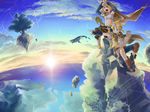  1girl bird blonde_hair blue_eyes brother_and_sister cape cloud detached_sleeves goggles hair_ribbon highres junji kagamine_len kagamine_rin midriff open_mouth ponytail ribbon short_hair siblings sitting skirt sky smile staff thighhighs twins vocaloid whale 
