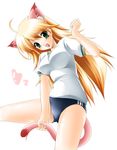  animal_ears blonde_hair buruma cat_ears gym_uniform holding_own_tail hoshii_miki idolmaster idolmaster_(classic) idolmaster_1 kamiya_tomoe long_hair solo tail tail_grab 