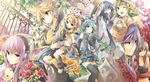  5girls animal_hat aqua_eyes aqua_hair bad_id bad_pixiv_id blonde_hair blue_eyes cat_hat everyone flower fruit_punch green_eyes green_hair gumi hair_ornament hair_ribbon hairclip hat hatsune_miku headphones highres kagamine_len kagamine_rin kaito kamui_gakupo long_hair megurine_luka megurine_luka_(toeto) meiko midriff multiple_boys multiple_girls necktie one_eye_closed puppet purple_hair ribbon rose short_hair shorts skirt smile thighhighs toeto_(vocaloid) twintails vocaloid zettai_ryouiki 