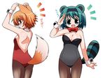  2girls :d :o animal_ears aqua_eyes aqua_hair arm_at_side armpits arms_up ass back bangs bare_shoulders black_leotard blush bow bowtie breasts brown_eyes brown_hair brown_legwear bunnysuit celebi_ryousangata cleavage cowboy_shot detached_collar embarrassed extra_ears eyebrows_visible_through_hair facing_viewer fox_ears fox_tail from_side glasses gradient hair_intakes hairband hand_up happy jpeg_artifacts kemonomimi_mode large_breasts legs_together leotard looking_at_viewer looking_back medium_breasts multiple_girls nail_polish nose_pads open_mouth orange_hair pantyhose parted_lips pink_nails profile raccoon_ears raccoon_tail red_bow red_leotard red_neckwear rimless_eyewear round_eyewear salute short_hair sideboob simple_background smile standing strapless strapless_leotard tail tail_through_clothes thigh_gap to_heart_2 touching_ears translated white_background wrist_cuffs yamada_michiru yoshioka_chie 