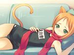  animal_ears black_school_swimsuit cat_ears cat_tail copyright_request couch enika green_eyes inato_serere indoors looking_at_viewer lying name_tag on_side one-piece_swimsuit red_scarf scarf school_swimsuit solo swimsuit tail 