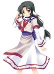  animal_ears arm_at_side blue_bow bow closed_mouth dog_ears dress ears_down eruruw hair_tubes hand_up layered_sleeves long_hair long_sleeves looking_at_viewer low-tied_long_hair sash sleeve_cuffs smile solo standing subaru_(yachika) tareme utawareru_mono white_dress 