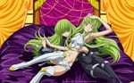  armpits bed bodysuit boots c.c. code_geass crop_top dual_persona green_hair highres holding_hands long_hair lying midriff multiple_girls navel non-web_source on_back open_fly short_shorts shorts strap thigh_boots thighhighs time_paradox turtleneck unzipped very_long_hair wallpaper white_legwear yellow_eyes 