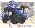  animal_ears blue_eyes blue_hair blush copyright_request dress dual_wielding gun hase_yu hat holding jpeg_artifacts long_hair mac-10 machine_pistol ribbon skirt skirt_lift solo source_request submachine_gun very_long_hair weapon 