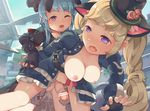  2girls animal_ears belt blonde_hair blue_hair bottomless braid breasts cat_ears censored doggystyle fang fingerless_gloves futa_with_female futanari gloves hanging_breasts hat highres interlocked_fingers jacket large_breasts long_hair looking_at_another looking_back multiple_girls nekotewi nipples one_eye_closed open_clothes open_jacket open_mouth penis purple_eyes pussy smile tears tree_of_savior twin_braids 