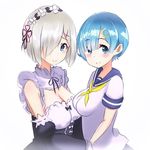  blue_eyes blue_hair blush breasts cleavage cosplay costume_switch crossover detached_sleeves dress hair_ornament hair_over_one_eye hair_ribbon hamakaze_(kantai_collection) hamakaze_(kantai_collection)_(cosplay) headdress kantai_collection large_breasts look-alike looking_at_viewer maid minami_osu multiple_girls re:zero_kara_hajimeru_isekai_seikatsu rem_(re:zero) rem_(re:zero)_(cosplay) ribbon school_uniform serafuku short_hair silver_hair simple_background smile standing white_background x_hair_ornament 