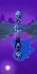  bushes equine female feral friendship_is_magic frown grass horn horse mammal moon my_little_pony nightmare_moon_(mlp) pony princess_luna_(mlp) reflection sad star unknown_artist water winged_unicorn wings 