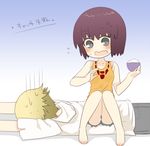  1girl bare_shoulders barefoot blonde_hair blush bowl bra_strap brown_eyes brown_hair chibi collarbone finger_marks flying_sweatdrops grey_eyes hood hoodie kaburagi_sui nishio_rina open_mouth pants rice rice_bowl shiny shiny_hair short_hair shorts sitting sitting_on_person soukyuu_no_fafner sumomo_(peach-breath) sweatdrop tank_top wavy_mouth 