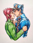  artist_name blue_hair chain closed_eyes earrings from_side gakuran hat imminent_kiss jewelry jojo_no_kimyou_na_bouken jostarjo kakyouin_noriaki kuujou_joutarou male_focus multiple_boys pink_hair school_uniform signature smile sparkle stardust_crusaders stud_earrings traditional_media yaoi 