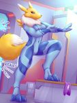  2019 3_fingers 3_toes absurd_res anthro big_breasts black_sclera blue_eyes bodysuit breasts canid canine catsuit_(disambiguation) claws clothed clothing digimon digimon_(species) digital_media_(artwork) digitigrade dressing english_text feet female fox fur glowing hi_res huge_breasts krazykurt locker_room mammal metroid nintendo paws plugsuit renamon rubber rubber_suit samus_aran shiny skinsuit smaller_version_at_source smile solo spread_legs spreading suit text tight_clothing toe_claws toes video_games wide_hips yellow_fur zero_suit 