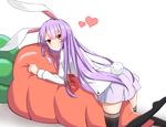  animal_ears black_legwear blush bunny_ears bunny_tail carrot_pillow hair_between_eyes heart lavender_hair lavender_skirt long_hair long_sleeves looking_at_viewer looking_back lying necktie on_stomach red_eyes red_neckwear reisen_udongein_inaba shadow shirt simple_background smile solo tail thighhighs tie_clip touhou very_long_hair white_background white_shirt xialuluo_(sharuro) 