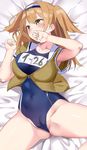  absurdres armpit_peek bed_sheet blue_swimsuit blush breasts brown_hair brown_jacket cameltoe character_name collarbone covering_mouth cropped_jacket embarrassed from_above hairband head_tilt highres i-26_(kantai_collection) jacket kantai_collection large_breasts long_hair looking_away looking_to_the_side lying maji_(etonato) name_tag one-piece_swimsuit palms school_swimsuit short_sleeves solo spread_legs swimsuit tareme two-tone_hairband two_side_up yellow_eyes zipper 
