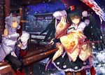  2girls aliasing animal_ears black_hair cibo_(killy) gloves hat inubashiri_momiji japanese_clothes pointed_ears red_eyes shameimaru_aya short_hair snow stockings sword torii touhou umbrella weapon white_hair wings wink wolfgirl 