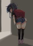  1girl ass backpack bag black_hair black_legwear black_shirt blush brown_eyes commentary_request cutoffs denim denim_shorts fang from_behind full_body have_to_pee highres kantai_collection leaning_forward lifted_by_self looking_back narumiya open_mouth panties randoseru shirt shoes short_hair short_shorts shorts shorts_lift solo striped striped_panties thighhighs thighs tiptoes tokitsukaze_(kantai_collection) underwear 