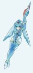  1girl 3four android blue_eyes blue_hair bodysuit breasts closed_mouth gloves helmet highres leviathan_(rockman) polearm rockman rockman_zero solo spear thighhighs weapon 