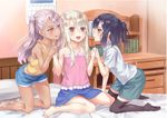  :d :q bare_shoulders barefoot black_hair black_legwear calendar_(object) chloe_von_einzbern collarbone commentary dark_skin doonatsu. fate/kaleid_liner_prisma_illya fate_(series) girl_sandwich hair_between_eyes holding_hands illyasviel_von_einzbern kneeling long_hair looking_at_another miyu_edelfelt multiple_girls no_shoes on_bed open_mouth pink_hair ponytail red_eyes sandwiched shirt short_shorts shorts sitting skirt smile thighhighs tongue tongue_out twintails wariza white_hair yellow_eyes yuri 