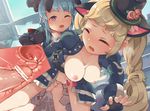 2girls animal_ears belt blonde_hair blue_hair bottomless braid breasts breath cat_ears censored cervix closed_eyes cross-section doggystyle fang fingerless_gloves futa_with_female futanari gloves hanging_breasts hat highres interlocked_fingers jacket large_breasts long_hair looking_at_another multiple_girls nekotewi nipples one_eye_closed open_clothes open_jacket open_mouth penis purple_eyes pussy sex smile tears tree_of_savior twin_braids uterus vaginal 