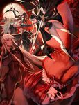  5boys arrow bad_id bad_pixiv_id beard black_hair boots bow_(weapon) breasts cape covered_nipples facial_hair full_moon gauntlets glasses highres holding holding_sword holding_weapon imp_(sksalfl132) large_breasts long_hair looking_at_viewer moon multiple_boys multiple_girls noblesse red_eyes red_hair seira_j._roiard shield sleeveless sword vampire weapon 