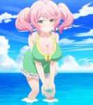  1girl ahoge areola areolae beach bent_over blue_sky breasts clavicle cleavage cloud female green_swimsuit highres horizon in_water large_breasts light-skinned long_hair looking_at_viewer philuffy_aingram pigtails pink_hair saijaku_muhai_no_bahamut seo sky solo standing tied_hair twintails wet 