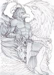  abs anthro autumm_airwave avian bird feathered_wings feathers hawk male monochrome no_pupils nude sitting solo wings 