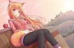  1girl animal_ears apple black_pants blush brown_hair dutch_angle food fruit hill holding_tail holo jewelry kaptivate long_hair long_sleeves looking_at_viewer necklace open_mouth pants pink_shirt pink_sky red_eyes shirt sitting smile solo spice_and_wolf tail wolf_ears wolf_tail 