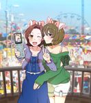  ;d animal_ears arms_around_waist bare_shoulders blue_eyes blush bow bra_strap breasts brown_eyes brown_hair carnival cellphone cellphone_camera cleavage collarbone day fake_animal_ears ferris_wheel flip_phone hair_between_eyes hair_bow holding holding_phone idolmaster idolmaster_cinderella_girls ilhi kawashima_mizuki lamppost layered_clothing long_skirt long_sleeves medium_breasts mole mole_under_eye multiple_girls no_legwear off_shoulder one_eye_closed open_mouth outdoors pennant phone photo_background railing self_shot short_hair shorts shoulder_cutout skirt sky sleeves_past_wrists smile string_of_flags takagaki_kaede unbuttoned v 