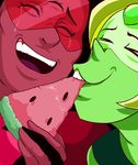  2016 alien cartoon_network duo eating eyes_closed eyewear female food fruit fusion garnet_(steven_universe) gem_(species) glasses green_body humanoid melon multi_eye not_furry open_mouth peridot_(steven_universe) plagueofgripes red_skin smile steven_universe tears watermelon 