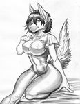  anthro autumm_airwave breasts canine clothed clothing female looking_at_viewer mammal monochrome nipple_bulge smile solo thick_thighs wide_hips 
