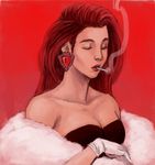  battle_tendency breasts cigarette cleavage collarbone earrings gloves highres jacqueline_leon jewelry jojo_no_kimyou_na_bouken lisa_lisa long_hair medium_breasts red_background red_hair red_stone_of_aja smoke smoking solo strapless white_gloves 