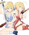  &gt;:) 3: aestus_estus artoria_pendragon_(all) babydoll blonde_hair blue_eyes blue_panties breast_envy choker excalibur fate/extella fate/extra fate/stay_night fate_(series) green_eyes hair_bun hand_on_another's_thigh hayashi_kewi highres holding holding_sword holding_weapon lingerie multiple_girls navel negligee nero_claudius_(fate) nero_claudius_(fate)_(all) panties red_panties saber simple_background smile sword underwear v-shaped_eyebrows weapon white_background 