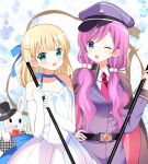  2girls 6_9 :d ;d alcohol bangs belt black_belt black_hat blonde_hair blowgun_club_president_(gochiusa) blue_bow blue_eyes blunt_bangs bow breasts champagne champagne_flute collared_shirt cup dress drinking_glass elbow_gloves eyebrows_visible_through_hair gloves gochuumon_wa_usagi_desu_ka? green_eyes hair_between_eyes hair_bow hair_ornament half_updo hat highres holding jacket kirima_sharo long_hair long_sleeves low_twintails multiple_girls necktie one_eye_closed open_mouth peaked_cap pink_hair purple_hat purple_jacket red_neckwear ryoutan shirt sleeveless sleeveless_dress small_breasts smile stuffed_animal stuffed_bunny stuffed_toy top_hat twintails very_long_hair white_dress white_gloves white_shirt 