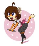  2018 aggie_(artist) anthro blue_eyes bow brown_hair chibi clothed clothing cub digital_media_(artwork) felid female footprint fur hair legwear mammal necktie open_mouth pantherine pawprint simple_background skirt smile solo stripes synn teeth tiger young 