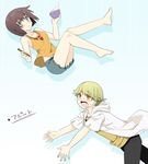  1girl bare_shoulders barefoot blonde_hair blush bowl bra_strap breasts brown_eyes brown_hair catching chopsticks collarbone falling finger_marks frown grey_eyes hood hoodie kaburagi_sui medium_breasts nishio_rina open_mouth pants rice rice_bowl shiny shiny_hair short_hair shorts soukyuu_no_fafner sumomo_(peach-breath) sweatdrop tank_top wide-eyed 