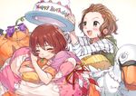  2girls blush brown_hair food fruit green_eyes halloween hat idolmaster idolmaster_cinderella_girls namba_emi orange_(fruit) rojiko short_hair ueda_suzuho 