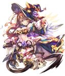  beatrix_(granblue_fantasy) bikini breasts brown_hair cleavage detached_sleeves granblue_fantasy haku_(sabosoda) halloween hat long_hair medium_breasts navel parted_lips skirt solo strapless swimsuit thighhighs witch_hat 