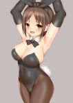  1girl animal_ears armpits arms_up black_gloves black_legwear black_leotard black_neckwear bow bowtie breasts brown_eyes brown_hair bunny_ears bunny_girl bunny_tail bunnysuit cleavage cowboy_shot detached_collar elbow_gloves gloves grey_background large_breasts leotard open_mouth original pantyhose short_hair simple_background solo strapless strapless_leotard tail toshishikisai 