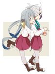  2girls :q ahoge asashimo_(kantai_collection) bangs blue_eyes blue_hair blush boots bow bowtie brown_footwear chopsticks commentary coupon_(skyth) cross-laced_footwear food grey_hair grey_legwear hair_over_one_eye hair_ribbon hand_on_another's_shoulder kantai_collection kiyoshimo_(kantai_collection) leg_up licking_lips long_hair low_twintails multicolored_hair multiple_girls noodles pantyhose ramen red_skirt ribbon school_uniform silver_eyes simple_background skirt standing sweatdrop tongue tongue_out twintails very_long_hair white_background 