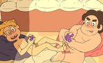  2boys barefoot bed blush erection feet footjob gamecube lying male_focus multiple_boys nintendo nude peedee_fryman penis steven_quartz_universe steven_universe testicles toes yaoi 