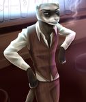  bar black_fur black_lips black_paws blue_eyes cigarette clothed clothing colored ferret fur leaning looking_away male mammal mustelid open_shirt pants pink_nose red_vest relaxing shaza_(artist) shirt solo standing tarot_osorio_(character) vest white_fur 