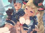  2girls after_sex animal_ears belt blonde_hair blue_hair bottomless braid breasts breath cat_ears censored cervix cleric_(tree_of_savior) cum cumdrip doggystyle fang fingerless_gloves futa_with_female futanari gloves hanging_breasts hat highres interlocked_fingers jacket large_breasts long_hair looking_at_another multiple_girls nekotewi nipples one_eye_closed open_clothes open_jacket open_mouth penis plage_doctor_(tree_of_savior) purple_eyes pussy sex smile swordman_(tree_of_savior) tears tree_of_savior twin_braids vaginal 