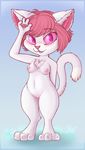  2016 anthro areola blush breasts cat chest_tuft eyelashes feline female fur hair hi_res inner_ear_fluff its-spot looking_at_viewer mammal navel nipples nude open_mouth plump_labia pussy simple_background smile solo standing thick_thighs tuft 