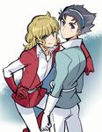  arm_over_shoulder belt black_hair blonde_hair blue_background blue_shirt cowboy_shot curly_hair gloves gradient gradient_background green_eyes grey_eyes hairband highres long_hair looking_at_viewer male_focus multiple_boys original pants popped_collar red_shirt shimo_(s_kaminaka) shirt tunic white_background white_gloves white_pants 